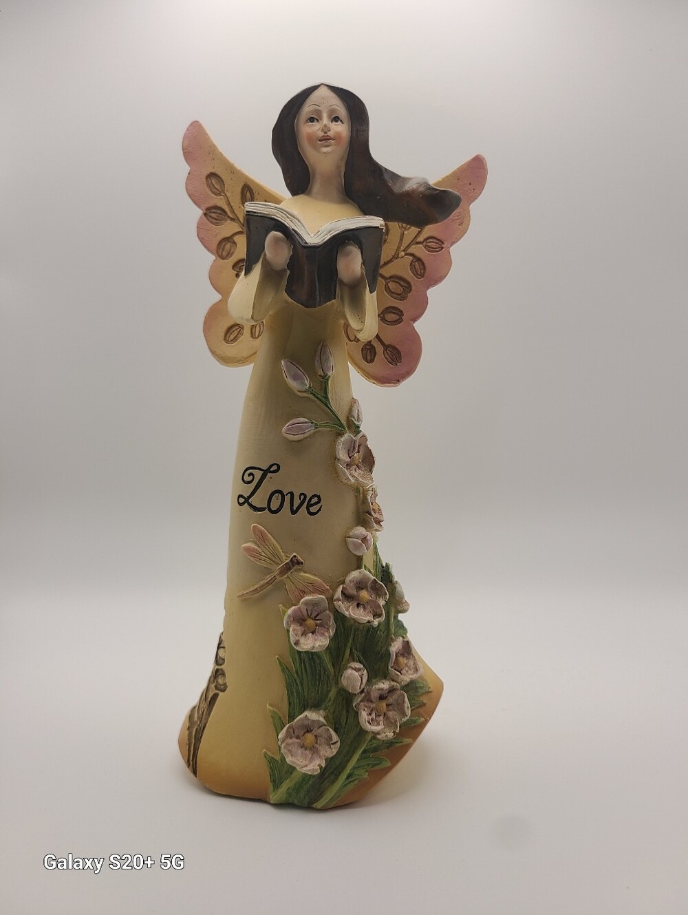 Angel Figurine Holding Book With Flowing Gown "Love" Flowers Dragonfly Accents